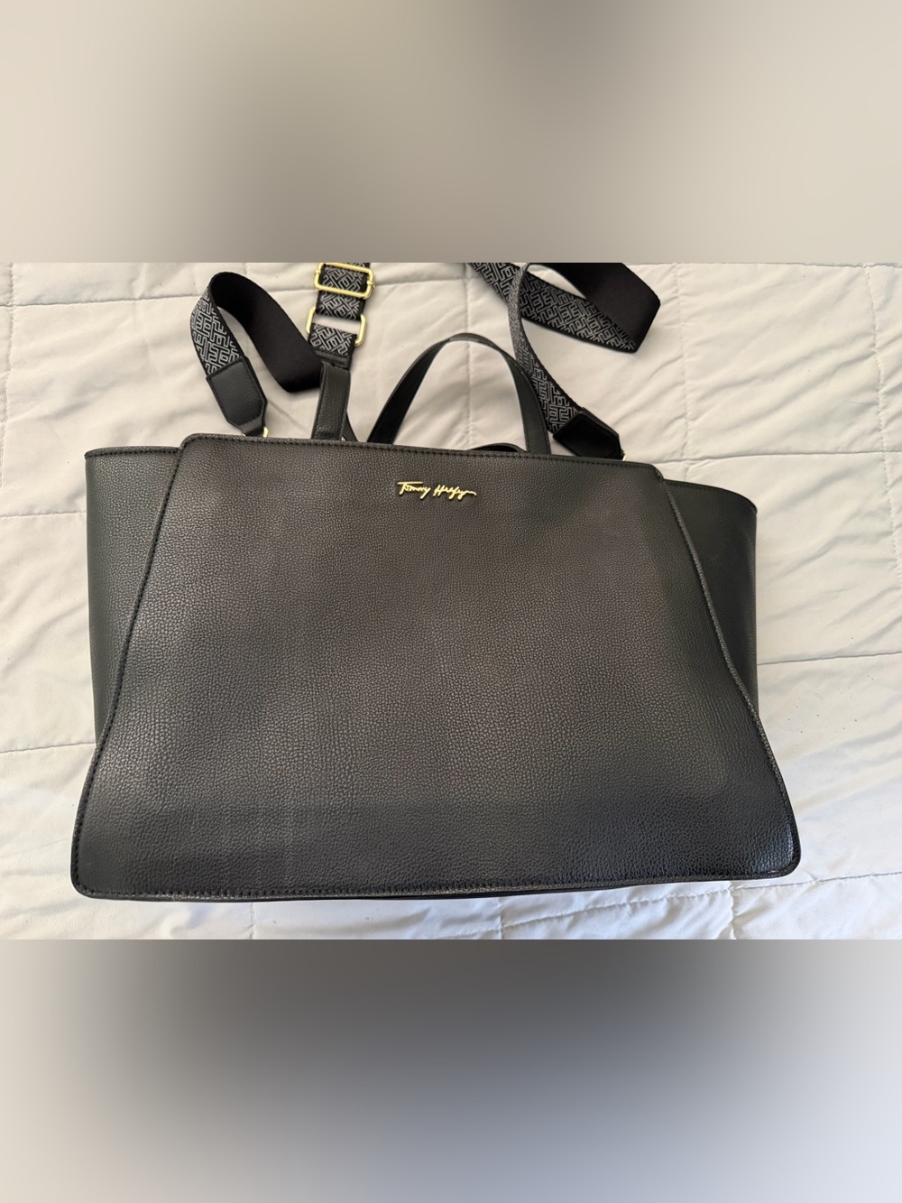 Tommy Hilfiger Black Pebbled Leather Tote with Gold Logo